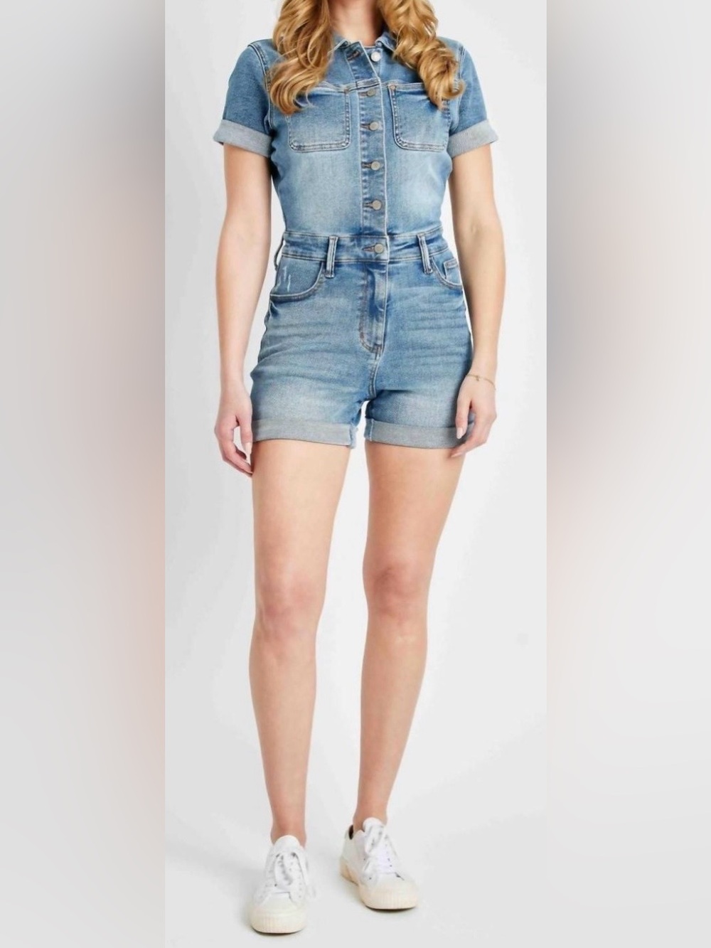 Judy Blue Women’s Size XL Button-Up‎ Short Sleeve High Rise Jean Romper Stretch
